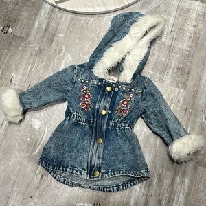 Flower Embroidered Denim Jacket w/Fur